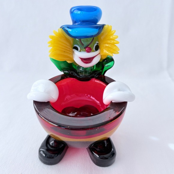 Murano Other - Vintage MCM Murano‎ Multicolor Hand Blown Italian Art Glass Clown Ashtray 4.5"